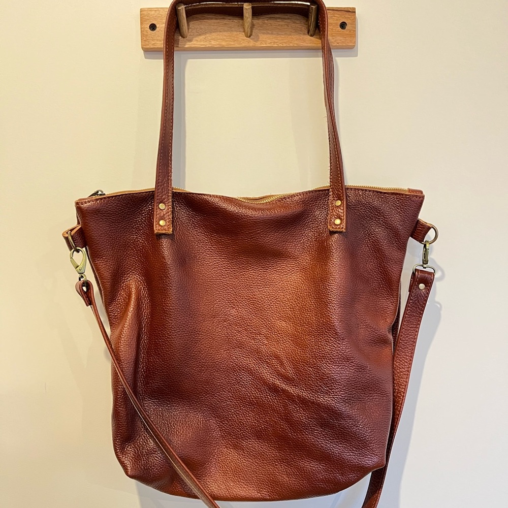 Large genuine leather cognac tote bag